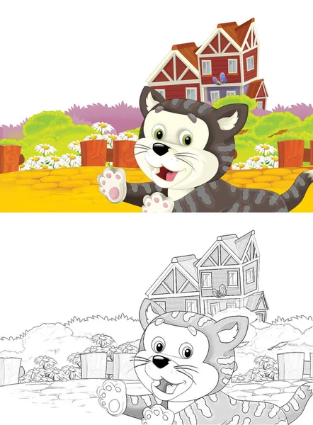 Cena Dos Desenhos Animados Com Gato Divertindo Fazenda Fundo Branco — Fotografia de Stock