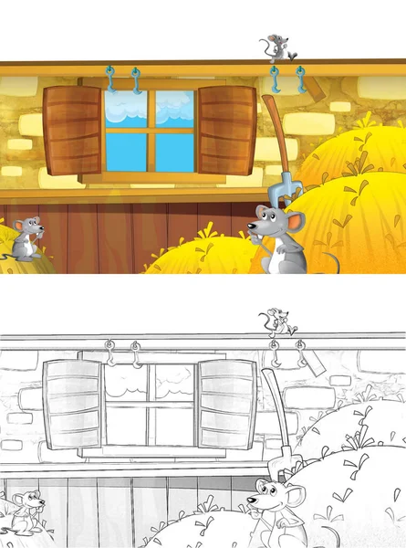 Cena Dos Desenhos Animados Com Mouse Divertindo Fazenda Fundo Branco — Fotografia de Stock