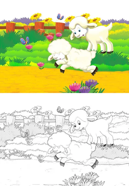Scena Kreskówek Owcami Bawiącymi Się Gospodarstwie Białym Tle Ilustracja Dla — Zdjęcie stockowe