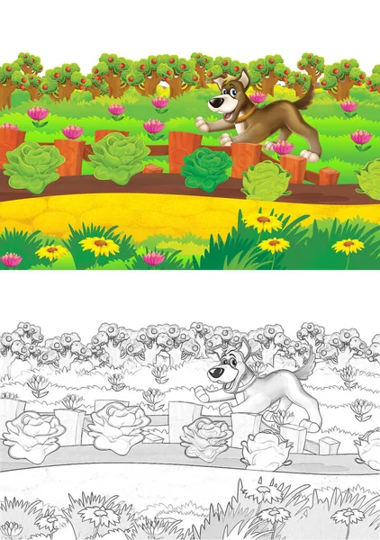 Cena Dos Desenhos Animados Com Cão Divertindo Fazenda Fundo Branco — Fotografia de Stock