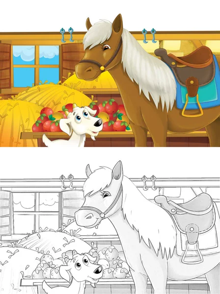 白い背景で農場で楽しい馬と漫画シーン 子供のためのイラスト — ストック写真