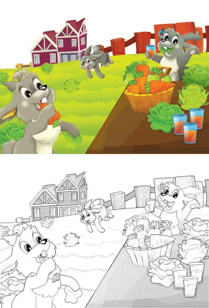 Cartoon Scene Rabbit Farm Having Fun White Background Illustration Children — Stock Photo, Image