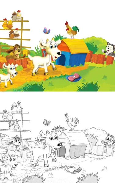 Hayvan Keçisinin Beyaz Arka Planda Eğlendiği Çizgi Film Sahnesi Çocuklar — Stok fotoğraf