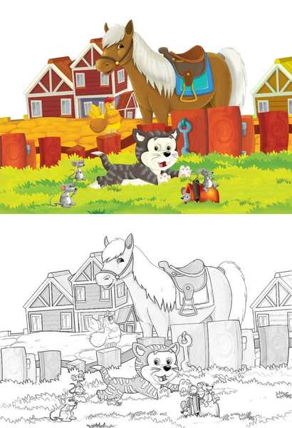 Zeichentrickszene Mit Katze Und Pferd Die Auf Dem Bauernhof Auf — Stockfoto