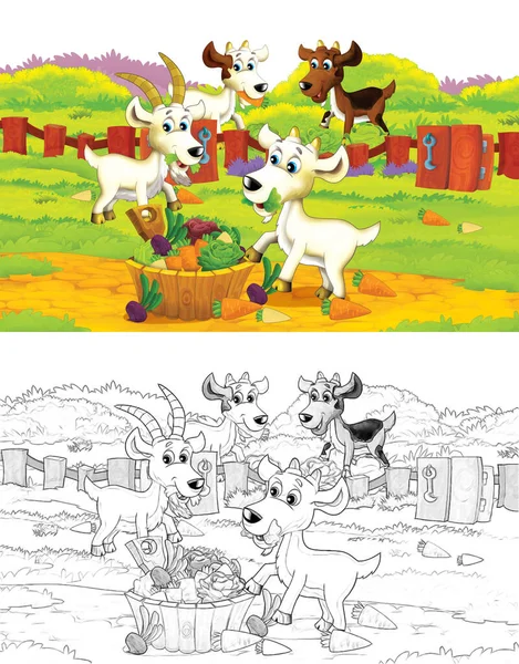 白い背景で楽しい動物ヤギと漫画の農場シーン 子供のためのイラスト — ストック写真