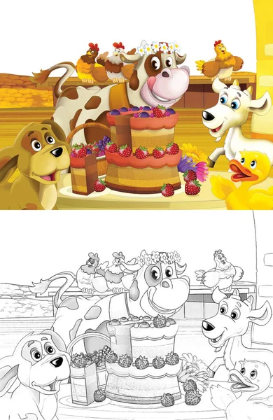 以白色背景的奶牛在农场玩乐的卡通片 儿童图解 — 图库照片