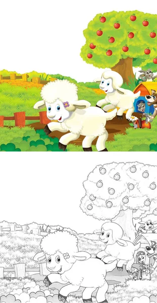 Zeichentrickszene Mit Schafen Die Auf Dem Bauernhof Auf Weißem Hintergrund — Stockfoto
