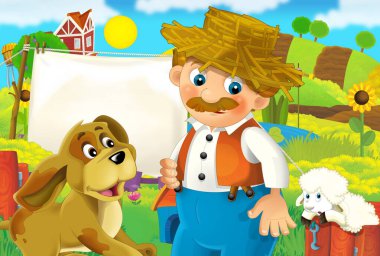 cartoon farm ranch scene with farmer boy different animals and pumpkins illustration
