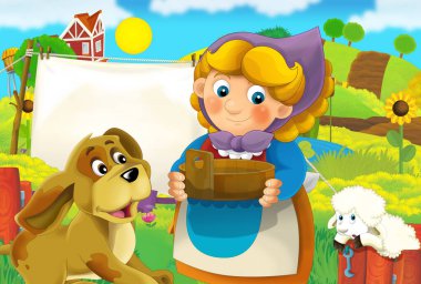 cartoon farm ranch scene with farmer woman girl different animals illustration