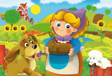 cartoon farm ranch scene with farmer woman girl different animals illustration