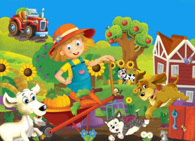 cartoon farm ranch scene with farmer woman girl different animals illustration