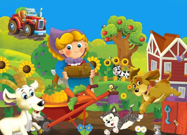 Cartoon Farm Ranch Szene Mit Bäuerin Mädchen Verschiedene Tiere Illustration — Stockfoto