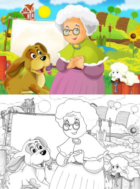 cartoon farm ranch scene with farmer woman girl different animals illustration sketch