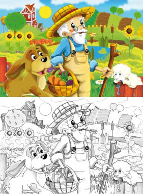cartoon farm ranch scene with farmer boy different animals and pumpkins illustration sketch