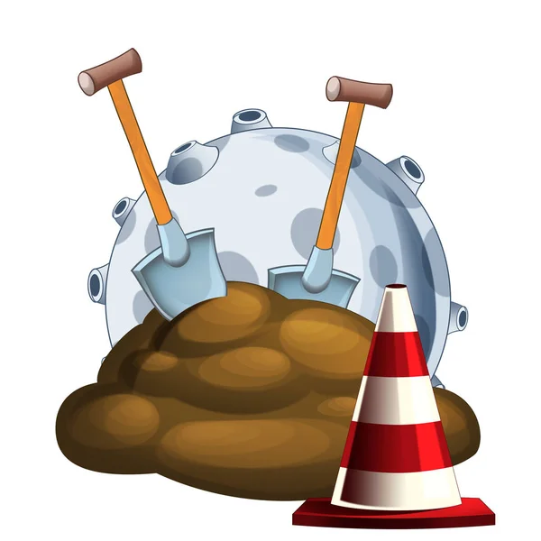 Cartoon mud hole or earth construction site and rock meteorite isolated - illustration