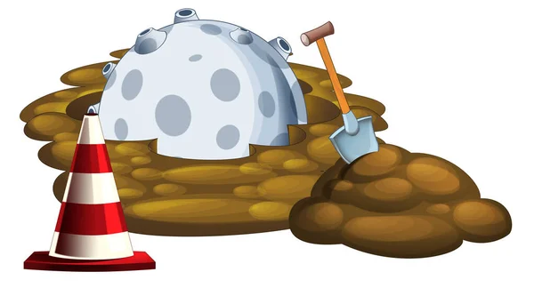 Cartoon mud hole or earth construction site and rock meteorite isolated - illustration