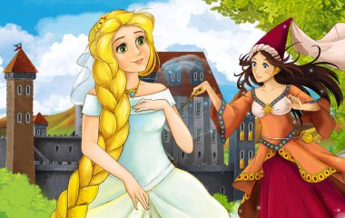cartoon scene with princess sorceress near the castle illustration