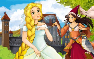 cartoon scene with princess sorceress near the castle illustration
