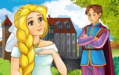 cartoon scene with princess sorceress near the castle illustration