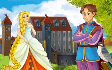 cartoon scene with princess sorceress near the castle illustration