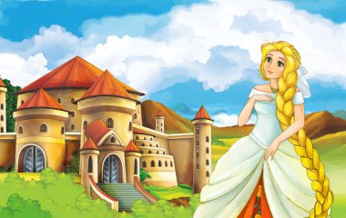 cartoon scene with princess sorceress near the castle illustration