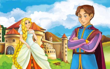 cartoon scene with princess sorceress near the castle illustration