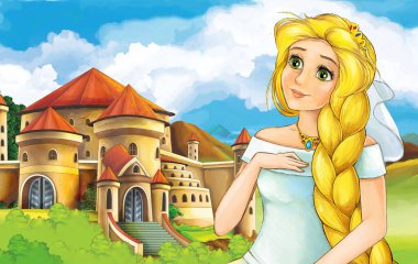 cartoon scene with princess sorceress near the castle illustration