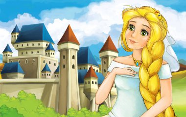 cartoon scene with princess sorceress near the castle illustration
