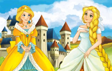cartoon scene with princess sorceress near the castle illustration