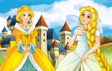 cartoon scene with princess sorceress near the castle illustration