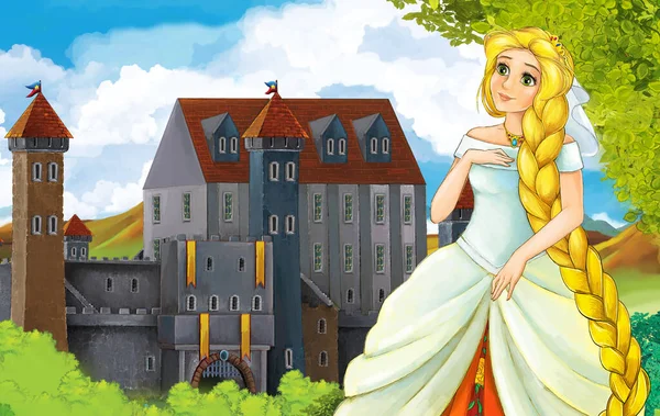 Tecknad Scen Med Prinsessa Trollkvinna Nära Slottet Illustration — Stockfoto