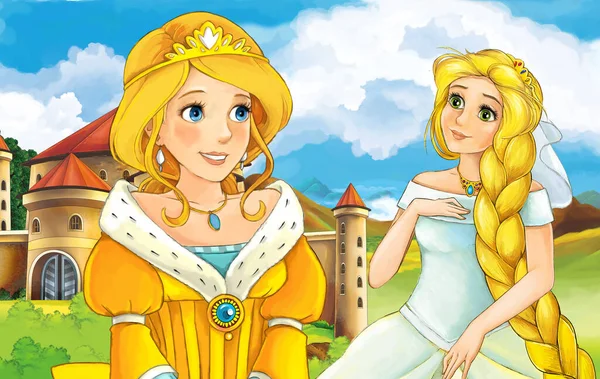 cartoon scene with princess sorceress near the castle illustration