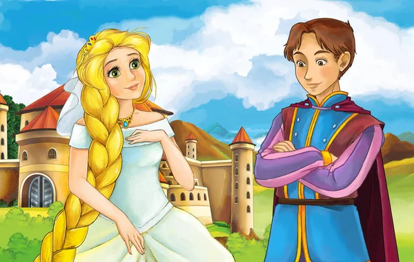 Kreslená Scéna Princeznou Čarodějkou Blízkosti Hradu Ilustrace — Stock fotografie