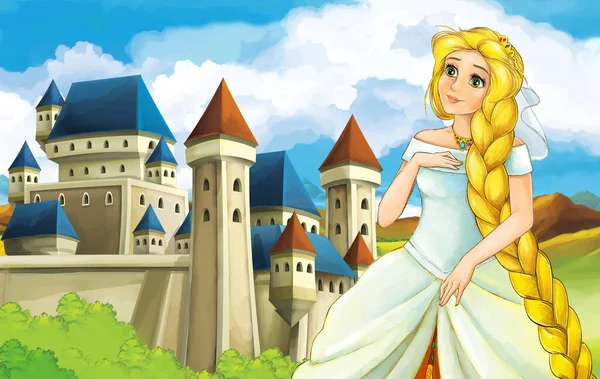 Cena Dos Desenhos Animados Com Princesa Feiticeira Perto Ilustração Castelo — Fotografia de Stock