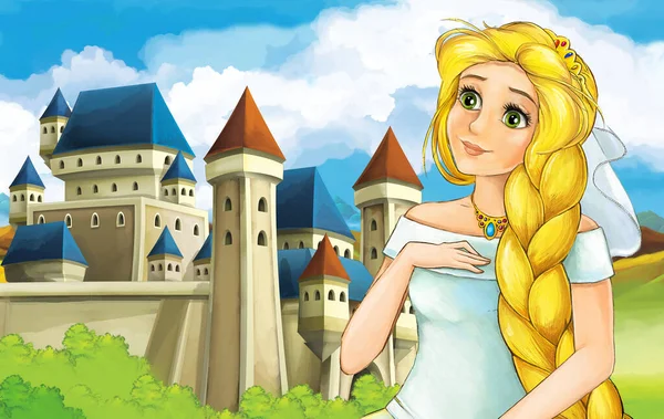 Kreslená Scéna Princeznou Čarodějkou Blízkosti Hradu Ilustrace — Stock fotografie