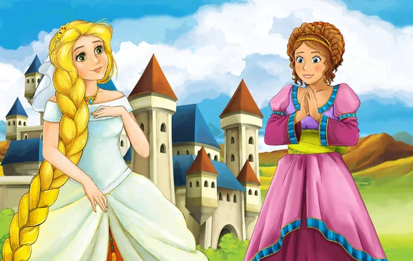 cartoon scene with princess sorceress near the castle illustration