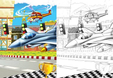 Çizgi film mutlu sahnesi, şehirde uçan uçak helikopteri - çocuklar için çizimler