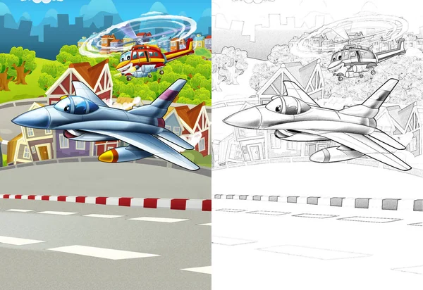 卡通片中的快乐场景 城市中的飞机直升机飞行 儿童图解 — 图库照片