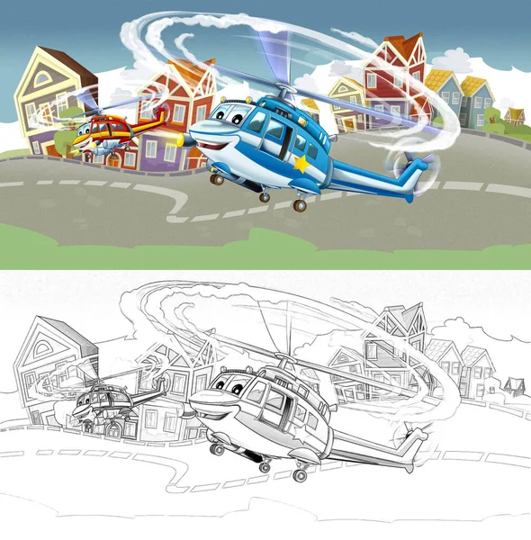 Rajzfilm Boldog Jelenet Repülőgép Helikopter Repül Városban Illusztráció Gyerekeknek — Stock Fotó