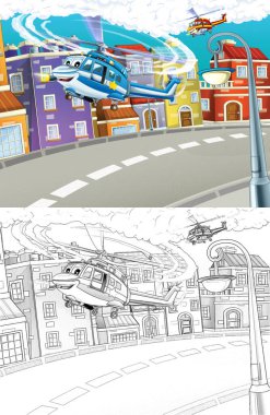 Çizgi film mutlu sahnesi, şehirde uçan uçak helikopteri - çocuklar için çizimler