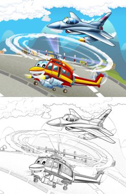 Çizgi film mutlu sahnesi, şehirde uçan uçak helikopteri - çocuklar için çizimler