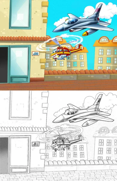 Dibujos Animados Escena Feliz Con Helicóptero Avión Volando Ciudad Ilustración — Foto de Stock