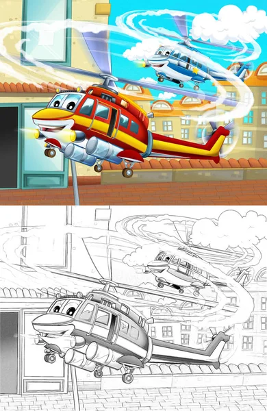 Çizgi Film Mutlu Sahnesi Şehirde Uçan Uçak Helikopteri Çocuklar Için — Stok fotoğraf