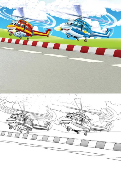 Cartoon Happy Scene Plane Helicopter Flying City Illustration Children — Stock Photo, Image