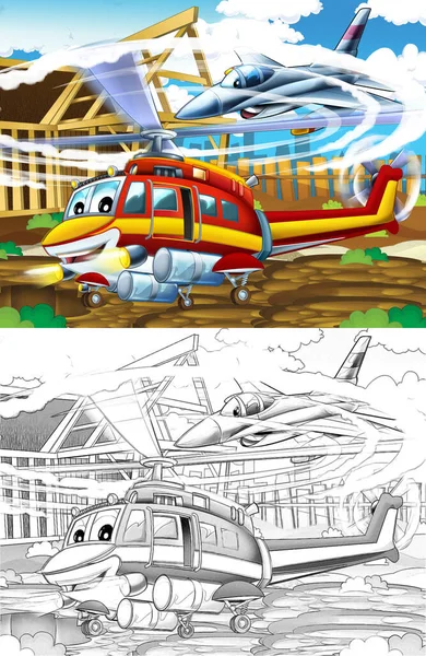 Çizgi Film Mutlu Sahnesi Şehirde Uçan Uçak Helikopteri Çocuklar Için — Stok fotoğraf