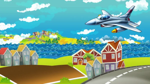 Cartoon Happy Scene Met Vliegtuig Helikopter Vliegen Stad Illustratie Voor — Stockfoto