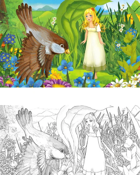 在森林里与年轻貌美的小女孩一起与野鸟一起的卡通片 带有草图页 儿童图解 — 图库照片