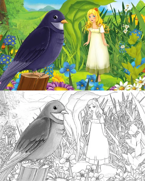 Scena Kreskówek Młodą Piękną Małą Dziewczynką Lesie Dzikim Ptakiem Stroną — Zdjęcie stockowe