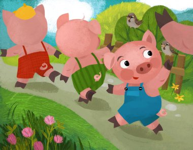 cartoon fairy tale scene with pin boy in the nature near the village illustration