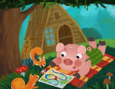 cartoon fairy tale scene with pin boy in the nature near the village illustration